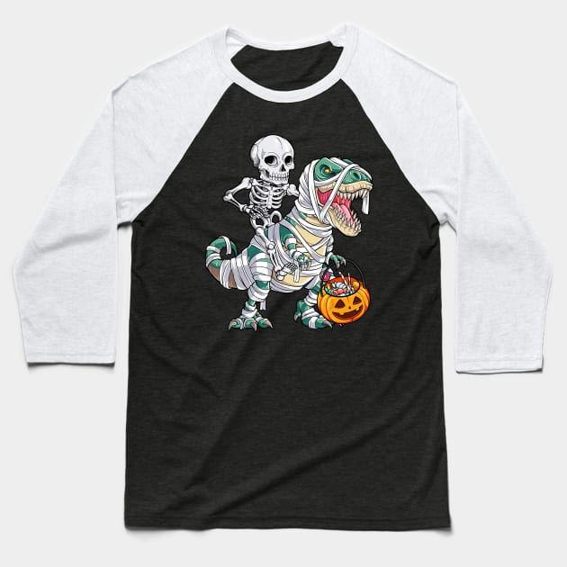 Skeleton Riding Mummy Dinosaur T rex Halloween Kids Boys Men Baseball T-Shirt by jrgenbode